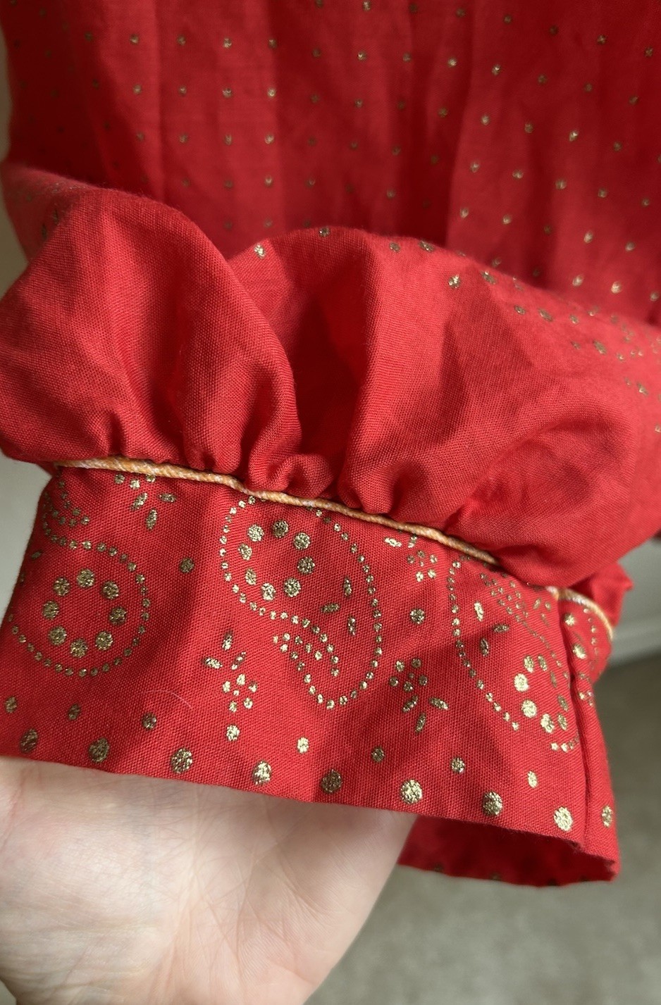 Vintage 1970s Strapless Jumpsuit Duster Set L Red Gold Harem Balloon Boho Disco