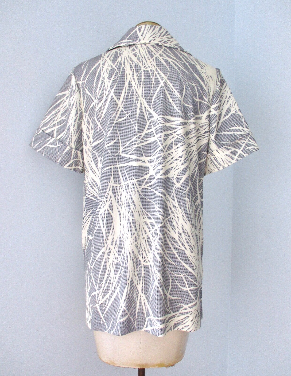 Vtg 70s Blue Botanical Reverse Print Smock Top Blouse Pockets Dagger Collar 40