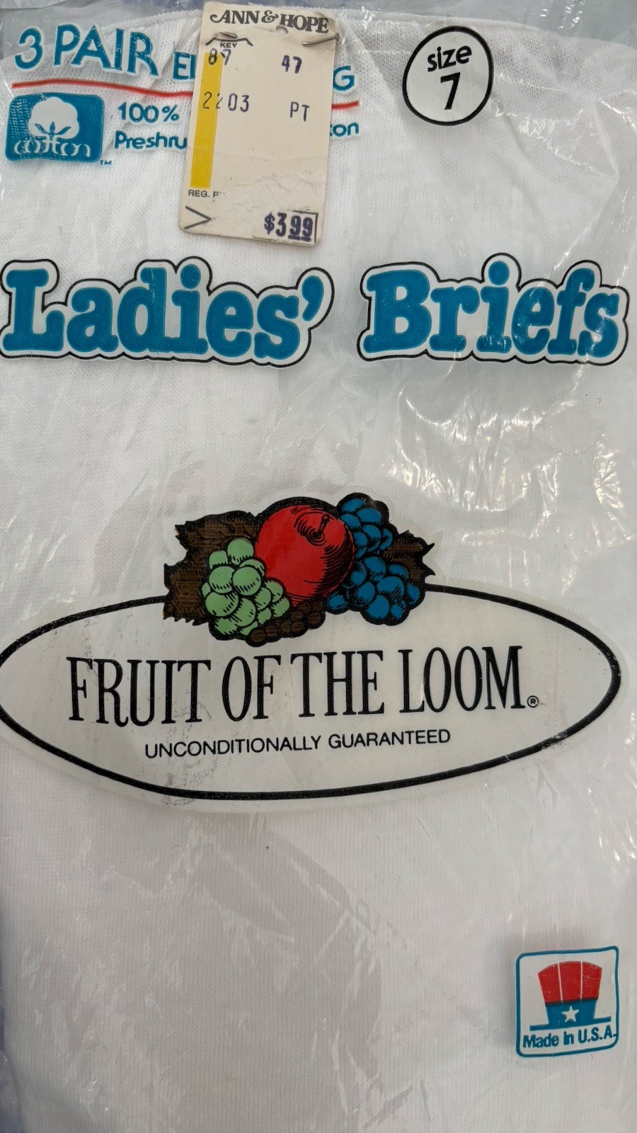 Vintage Fruit Of The Loom Panties Womens 7 White Cotton Briefs USA 1982