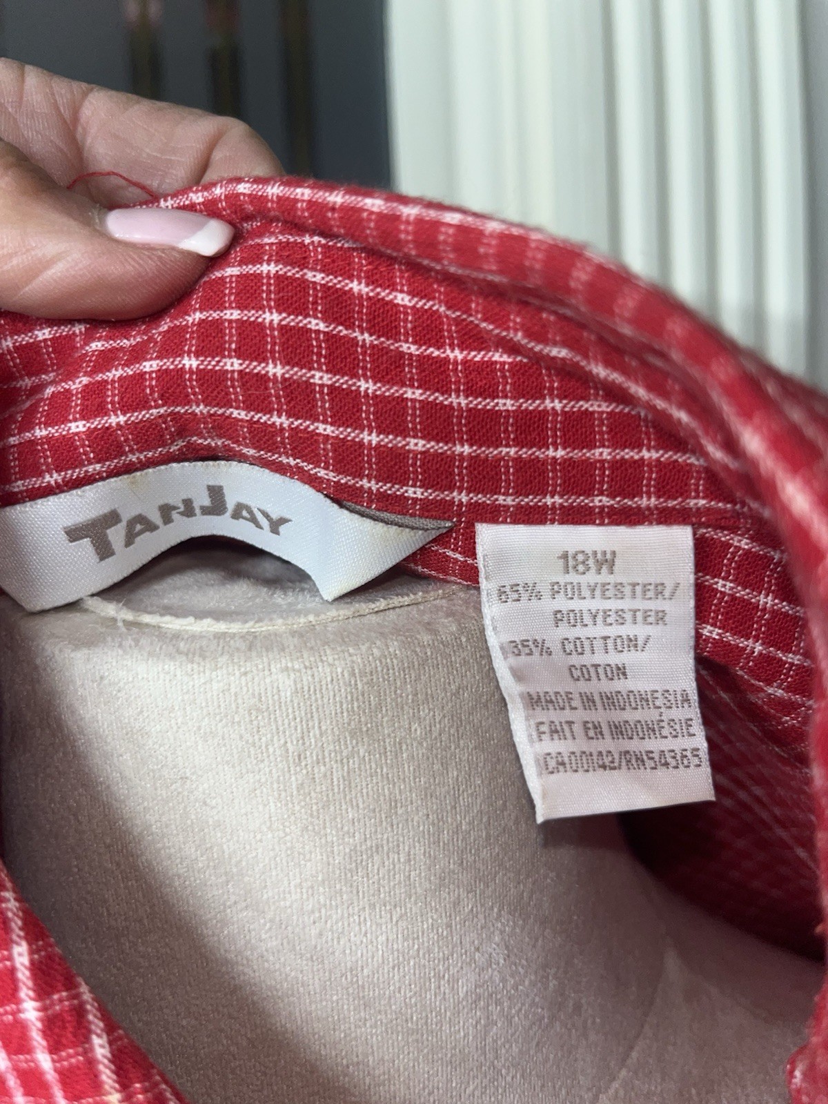 TanJay 18W Red White Gingham Embroidered Button Front Blouse Plus Size Retro