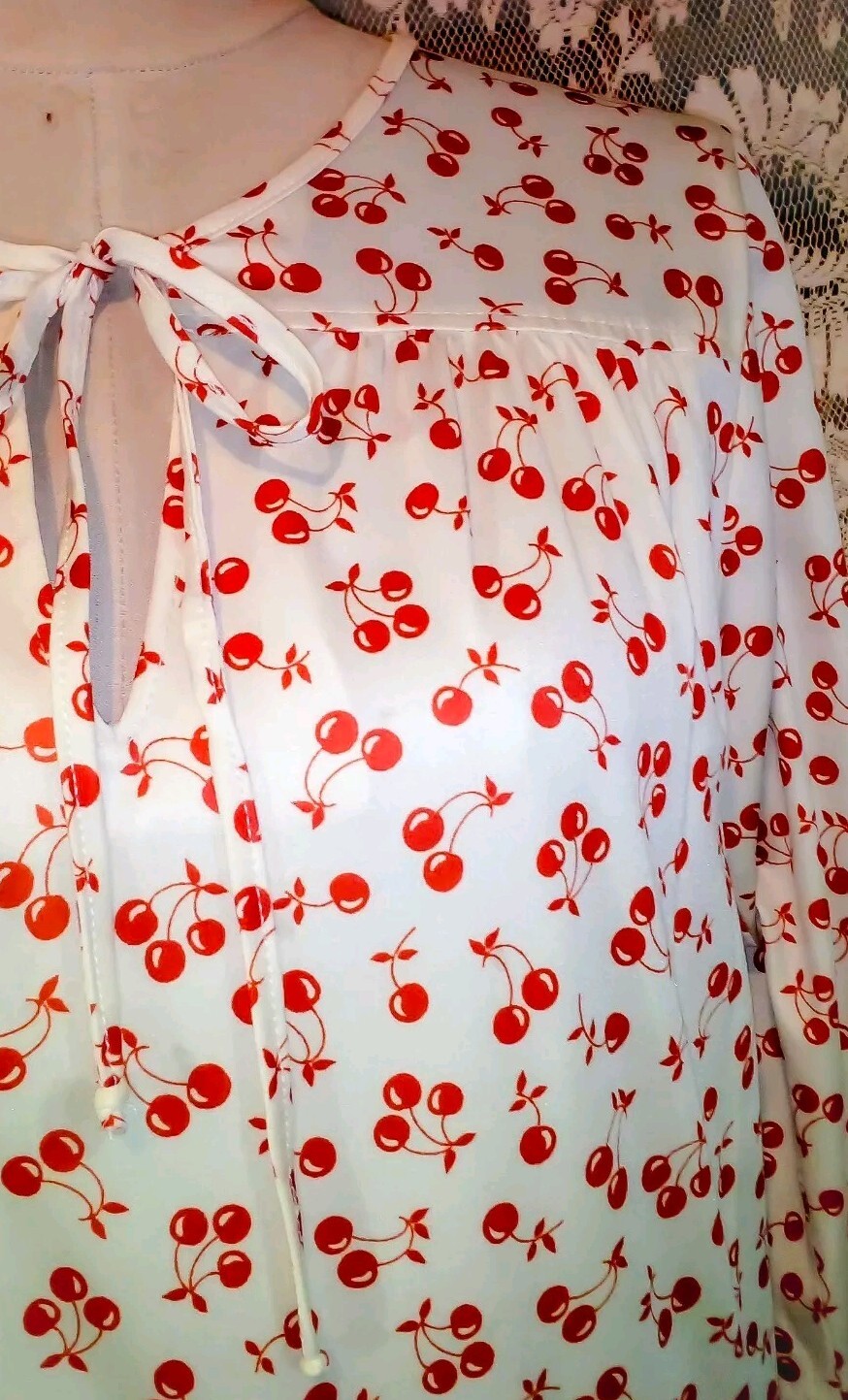 VTG 70s Novelty Cherries Print Midi Secretary Dress w Skinny Bow Elastic Waist M