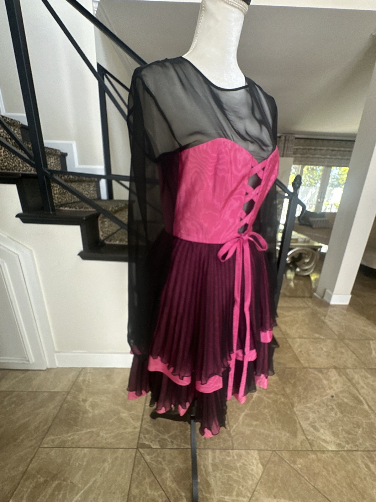 Guy Laroche 80s Pink Moire & Black Chiffon Corseted Tiered Pleated Dress 40