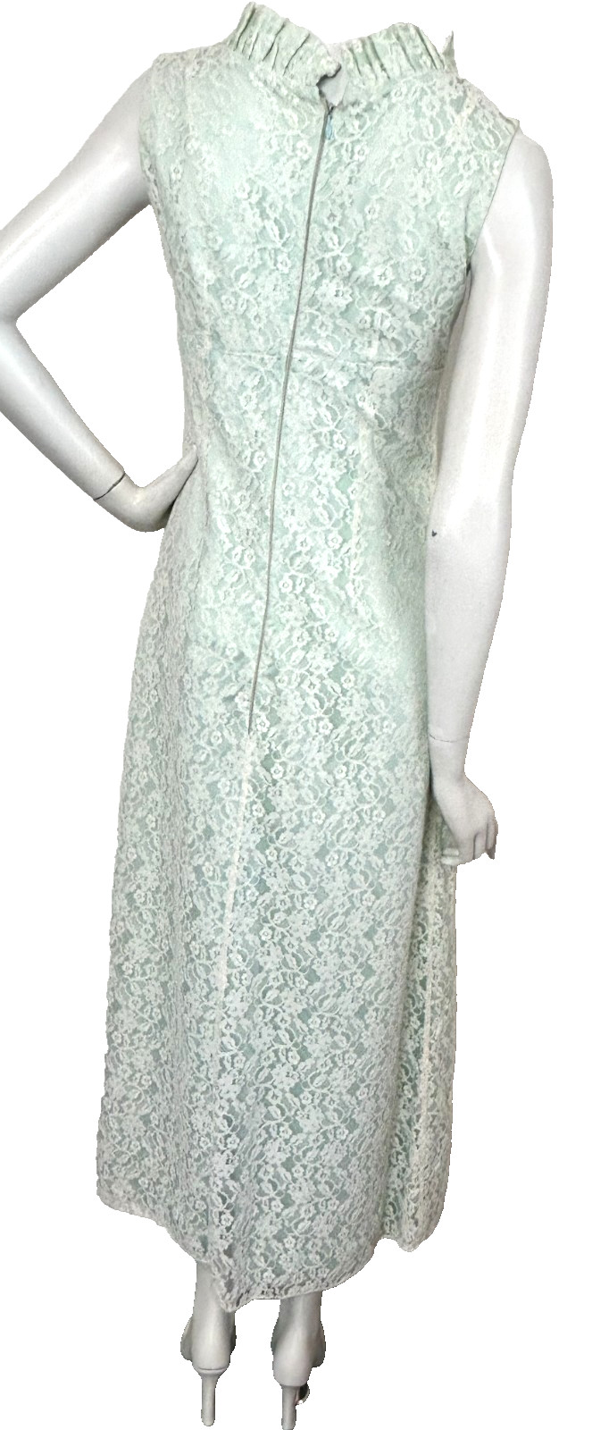 50s Lace Column Dress Size S Aqua Ruffle Sleeveless Lined Ruffle Empire Vintage