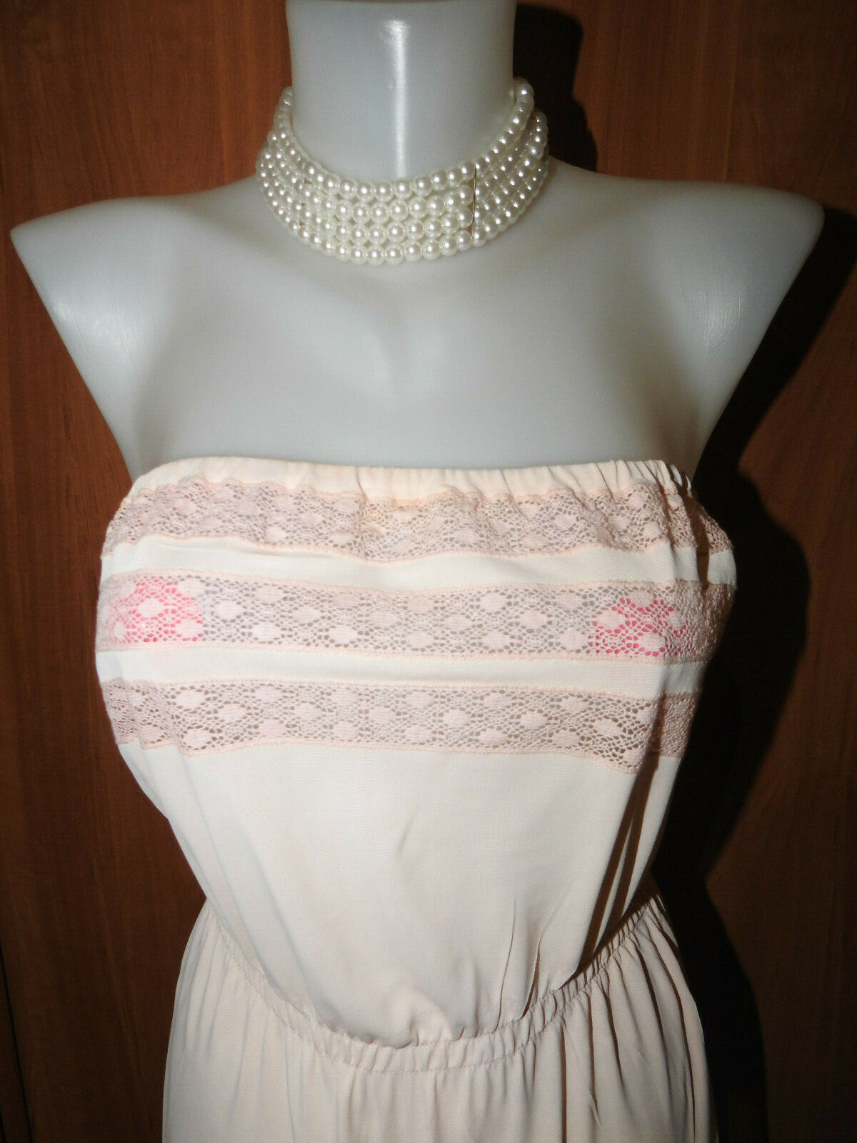 Rare!Vintage Abel strapless salmon lace nylon full slip Unterkleid M (EU/40-42)