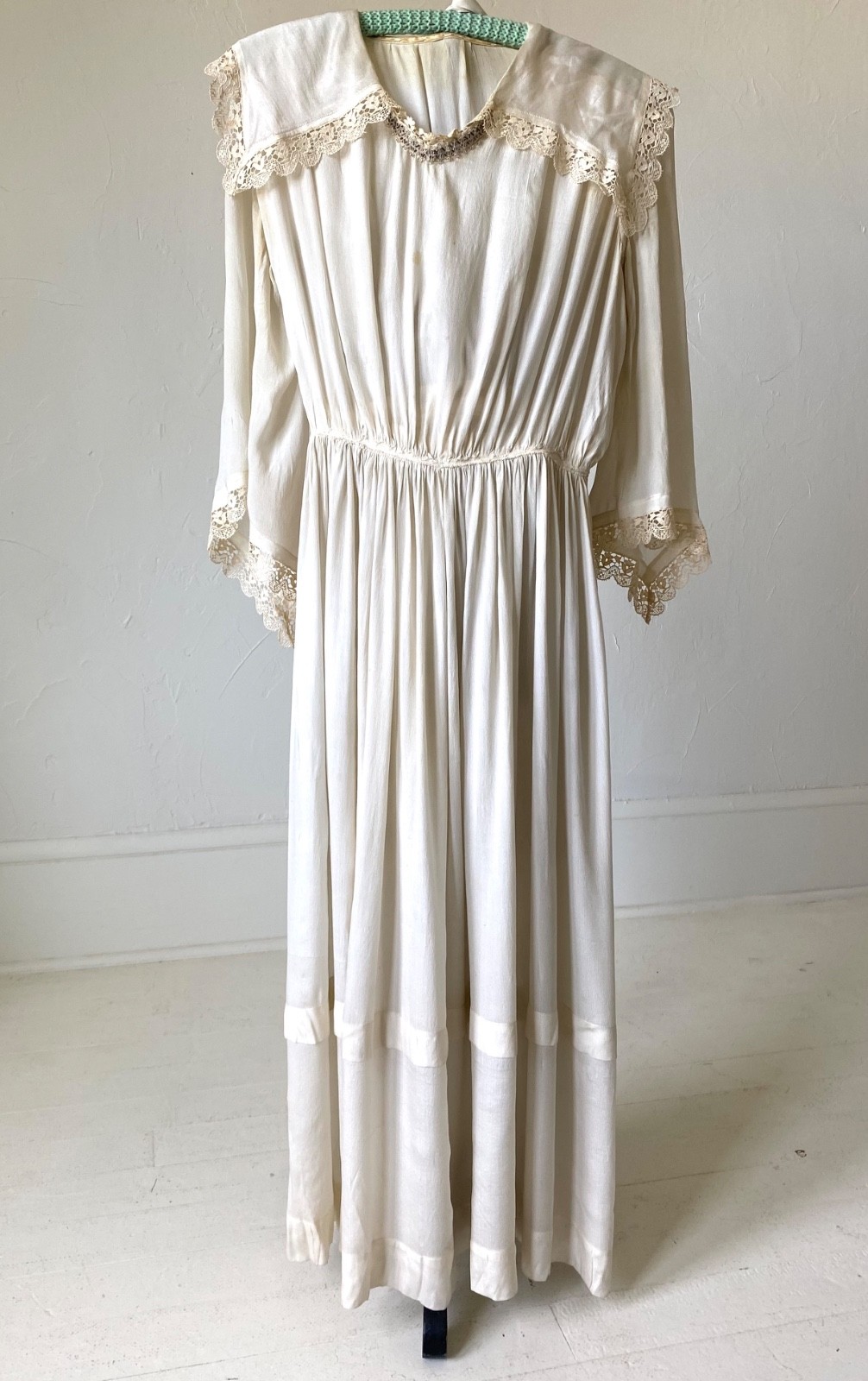 1910s 1917 Edwardian Antique Silk Wedding Dress w/ Sash and Beading 24&Prime; Waist
