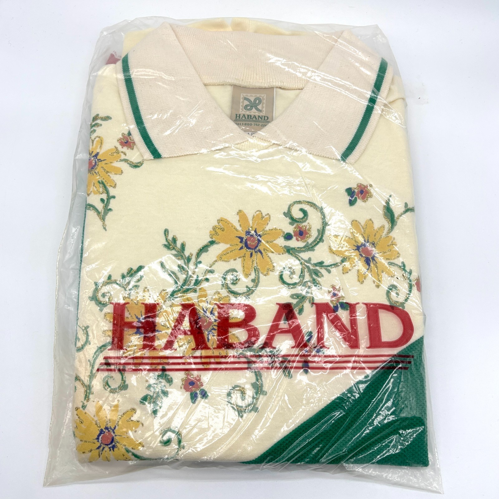 Vintage Haband Womens Collared Floral Shirt DEADSTOCK Green Ivory Sz L New READ!