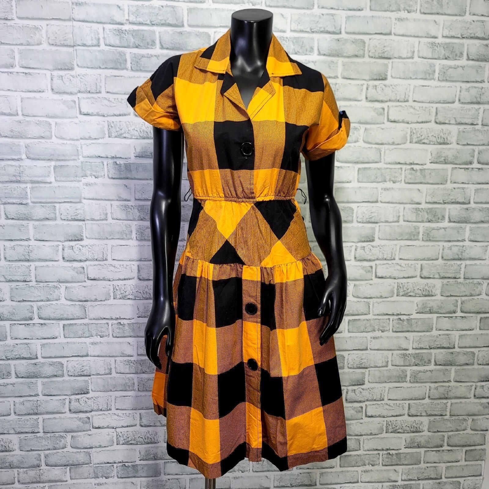 Vintage 70s 80s Joni Blair Dress Womens XS/S Orange Black Buffalo Plaid Cotton