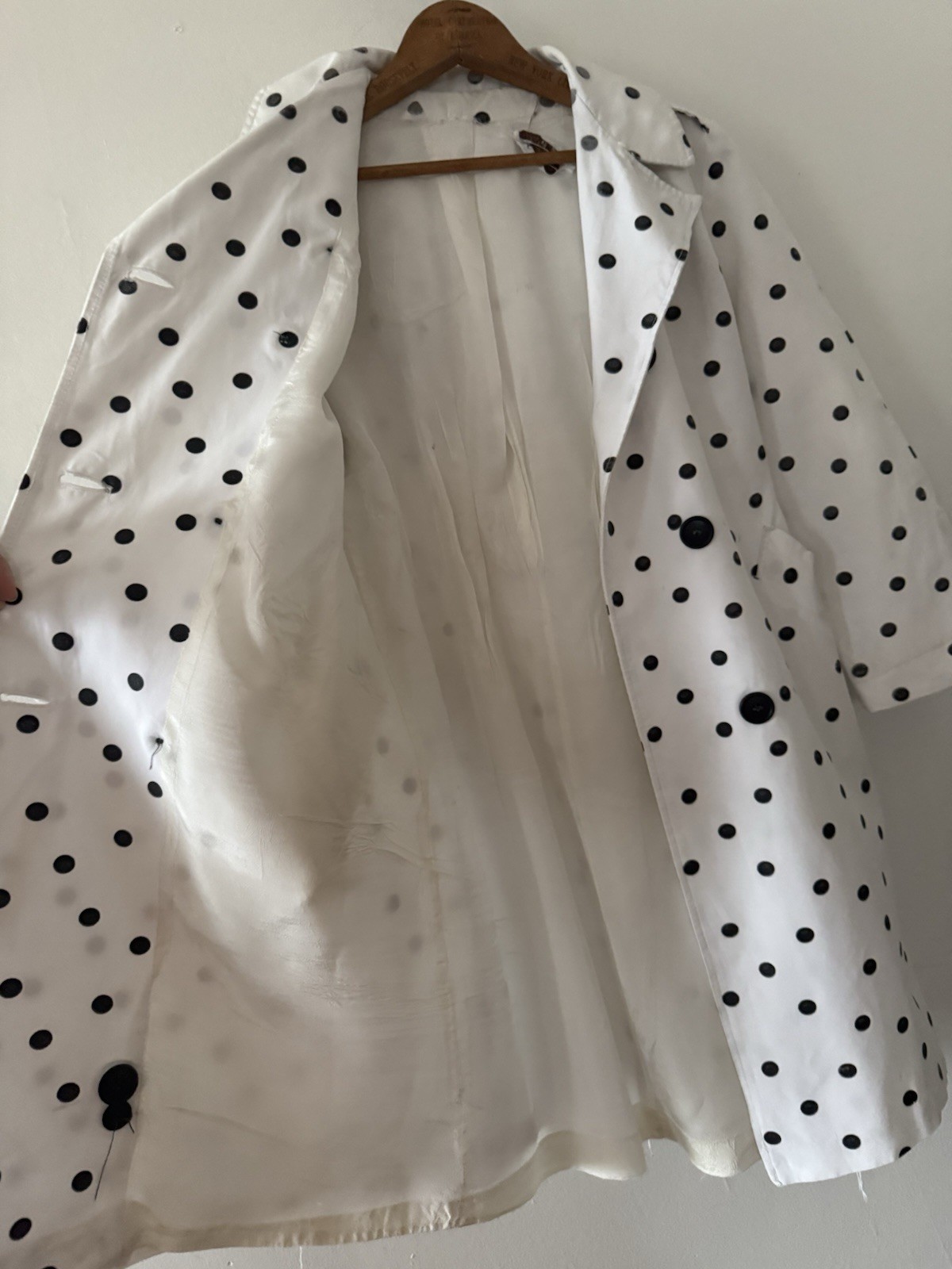 1960s Polka Dot Print Faille Trench Coat Double Breasted Jacket Jackie O 50s