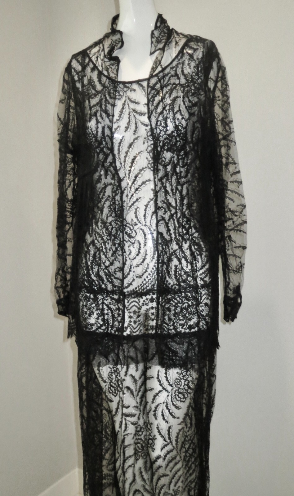 Antique Edwardian Gown + Jacket Chantilly Lace Pleated Back Ex Cond