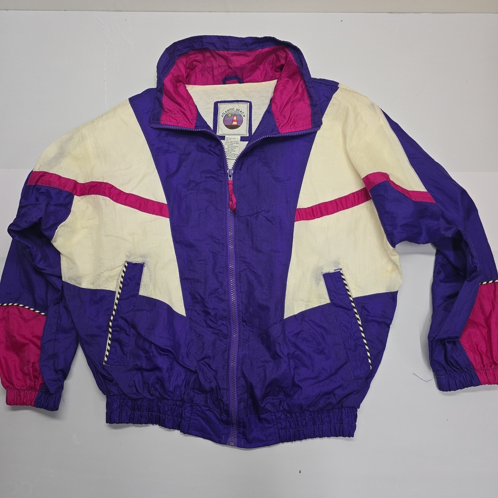 Vintage Atlantic Beach Colorblock Windbreaker Jacket Purple Pink White Womens M