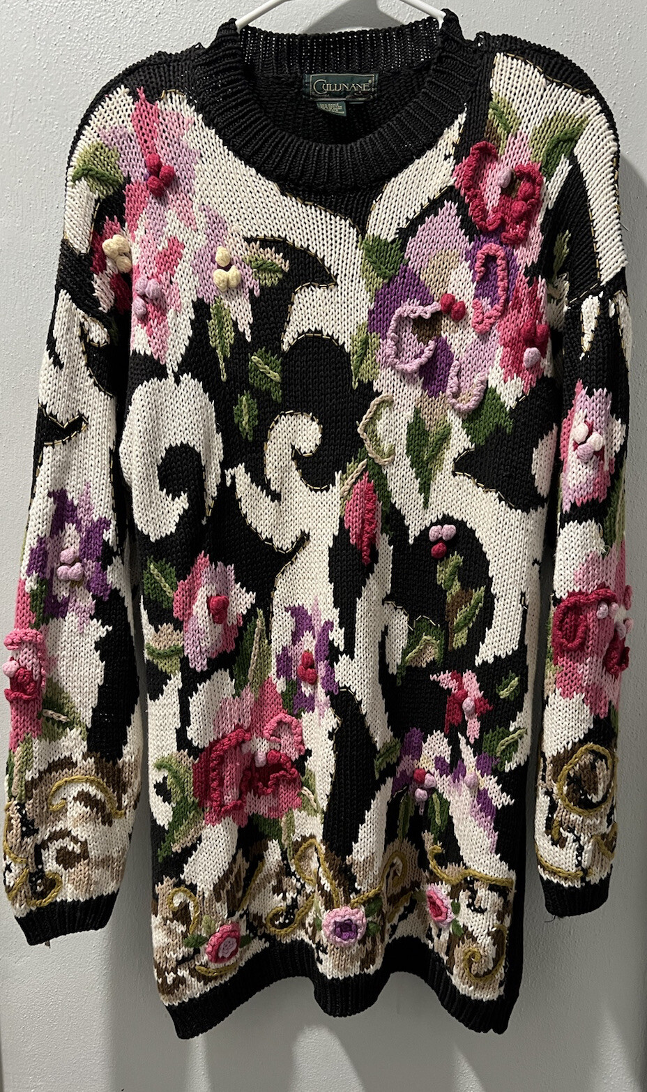 Vintage Cullinane 90&rsquo;s Oversized Knit Black / White Flowers 🌸Sweater Sz Medium