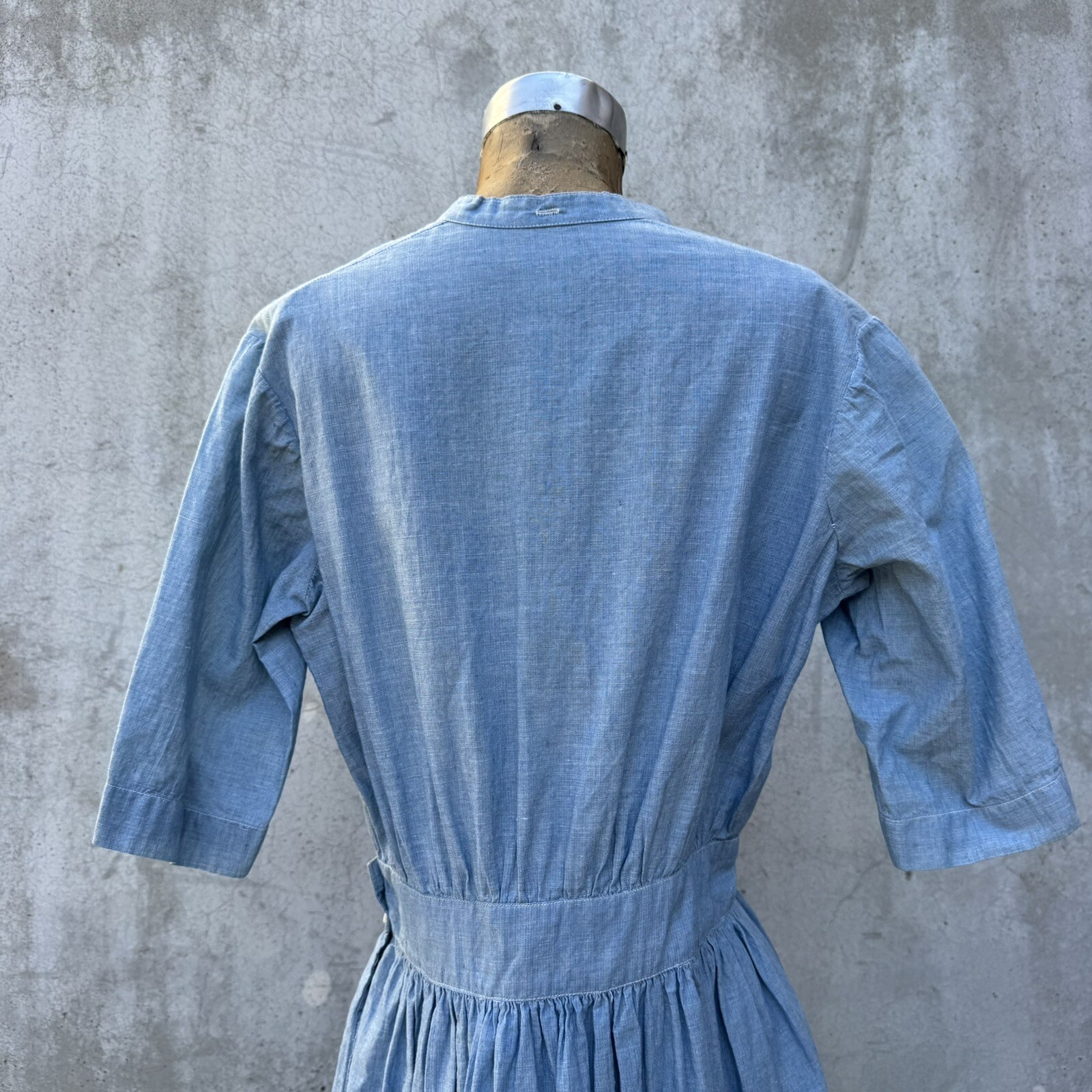 Antique Edwardian Blue Chambray Cotton Dress Workwear Prairie Maxi Vintage