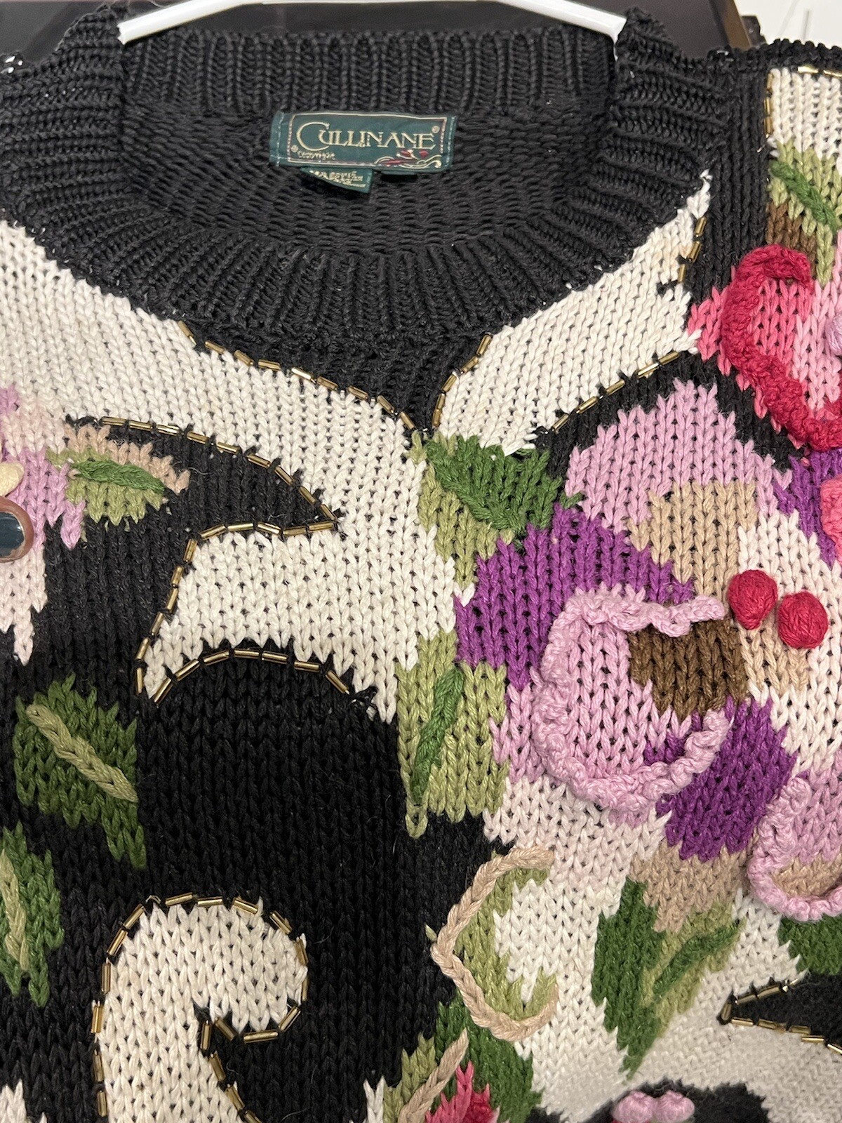 Vintage Cullinane 90&rsquo;s Oversized Knit Black / White Flowers 🌸Sweater Sz Medium