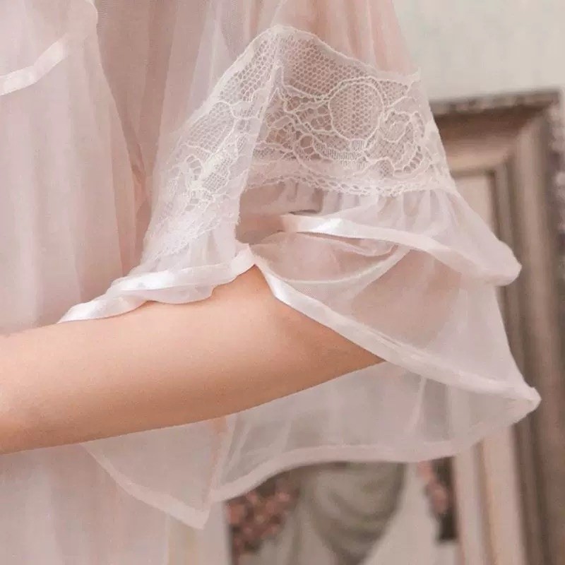 E9 Vintage Sheer Ruffle Nightgown Lace Trim Midi Dress Soft Pink Romantic