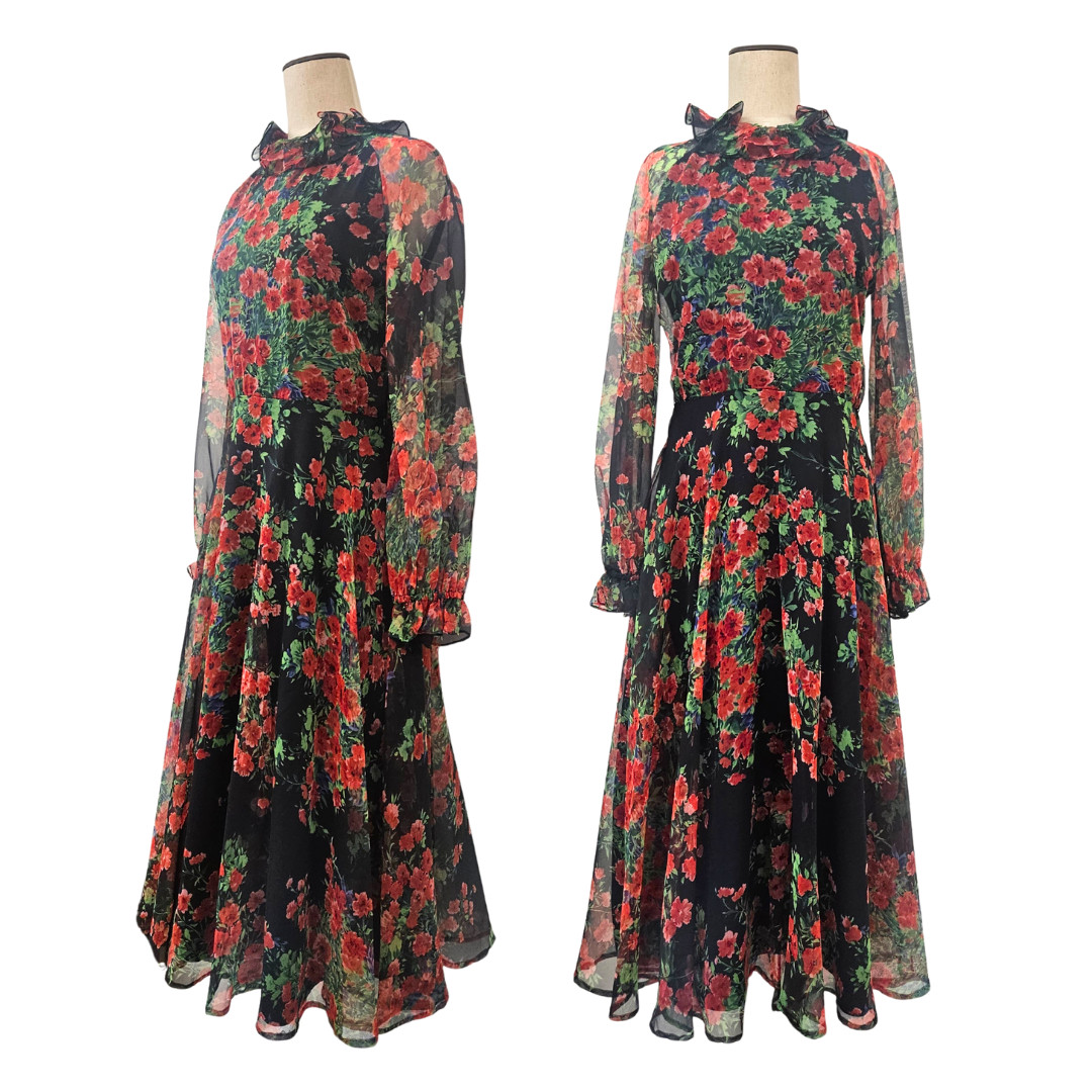 Vintage 1970s Lillie Rubin Floral Chiffon Black & Red Ruffle Neck Dress
