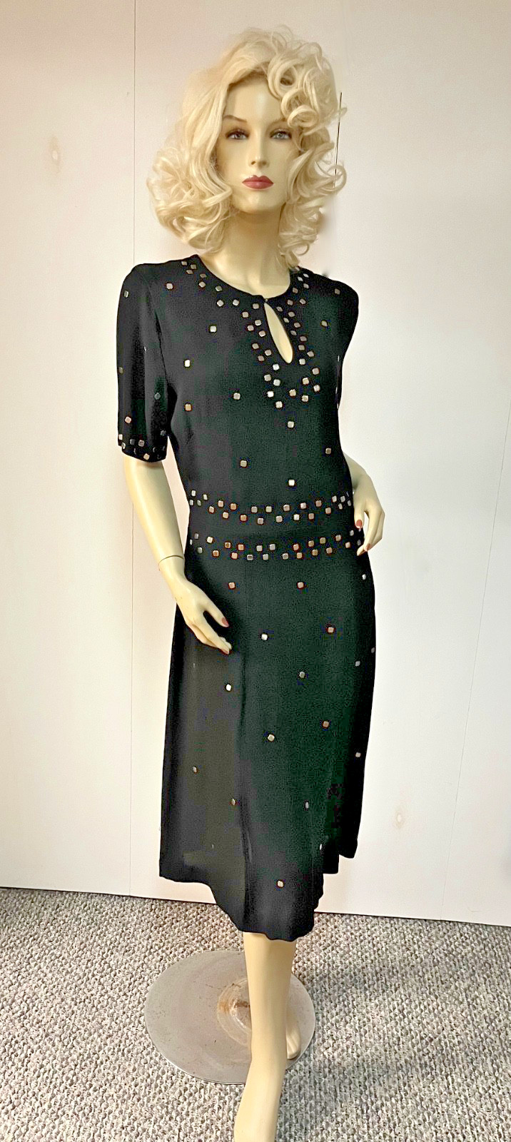 Stunning Prong Set Studded Vintage 1940s Black Rayon Mid Calf Dress Bust 38-39