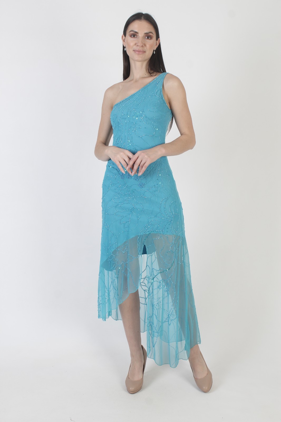 Cache One Shoulder Beaded Dress Vtg Y2K Asymmetrical Hi Low Cocktail Prom Gown S