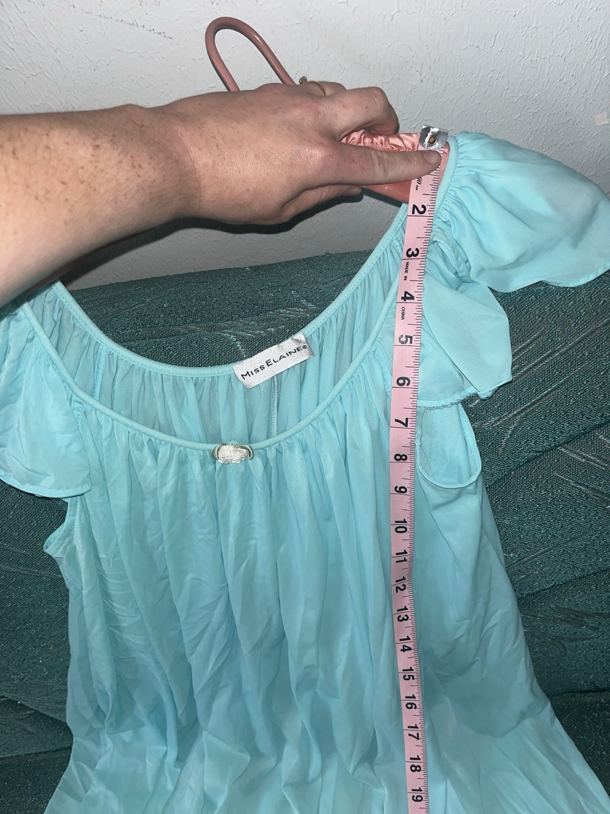 Vtg Miss Elaine Aqua Blue Nightgown Small Flutter Sleeve Babydoll White Lace