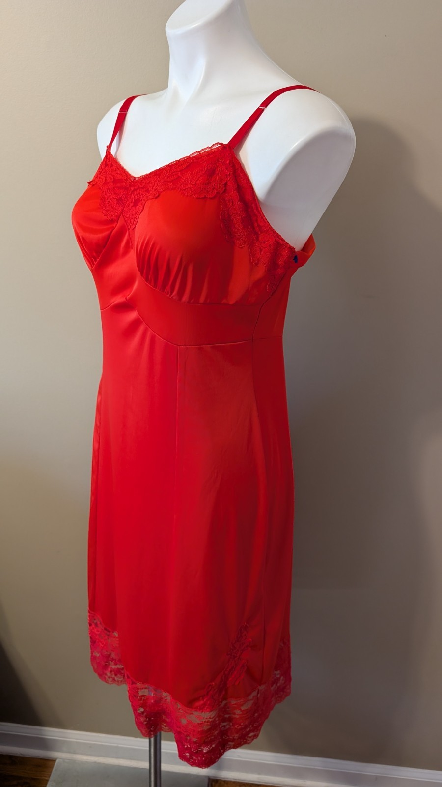 Vtg Nancy King RED Nylon/Lace Full Slip/Dress Privacy Panel Adj Straps Size 36