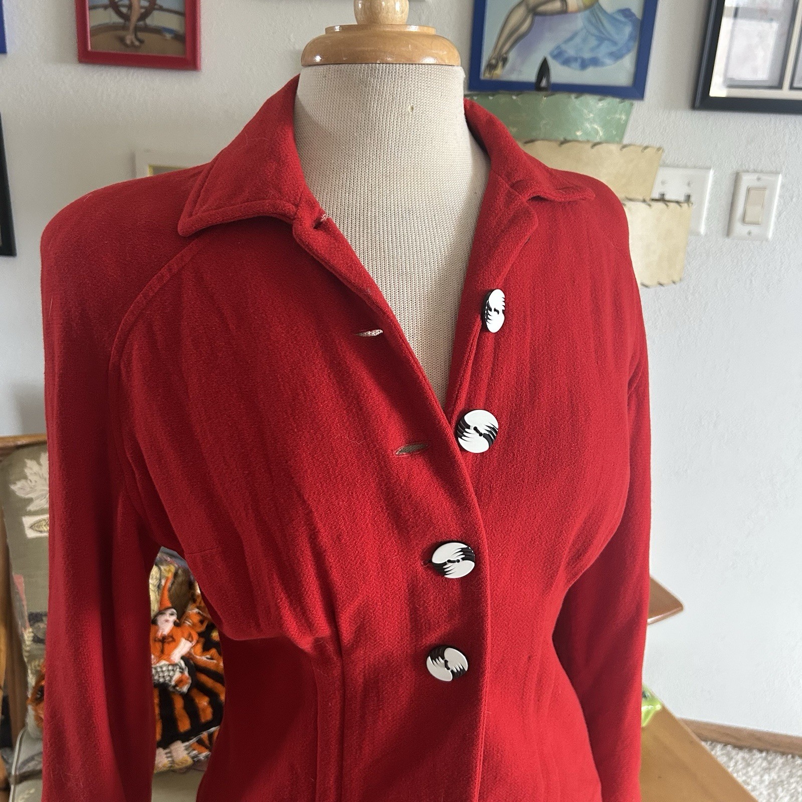 Vintage 1940s Jacket | Blazer | Red | M | Suit Coat | Marble Buttons | 40s