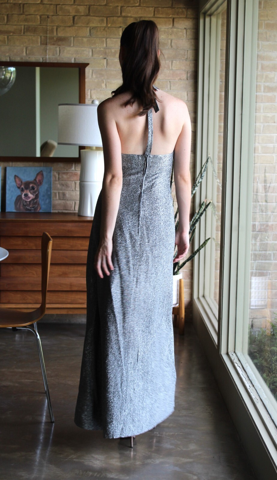 Vtg 60s 70s Young T Halter Maxi Dress XS/S Women Silver Lame&rsquo;
