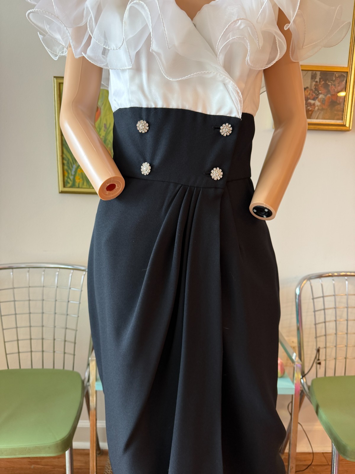 🎹 Vtg 80s Trophy Dynasty Glam Ruffle Tuxedo Cummerbund Maxi Party Dress M