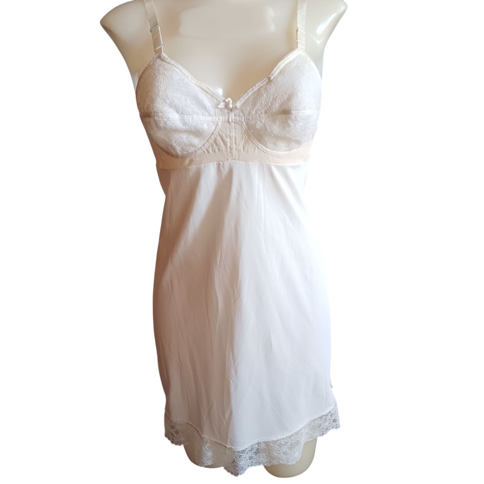 Vintage 34B Slip Dress White Lace Trim Sheer Bodice Mesh Web Warners 1960&rsquo;s Glam