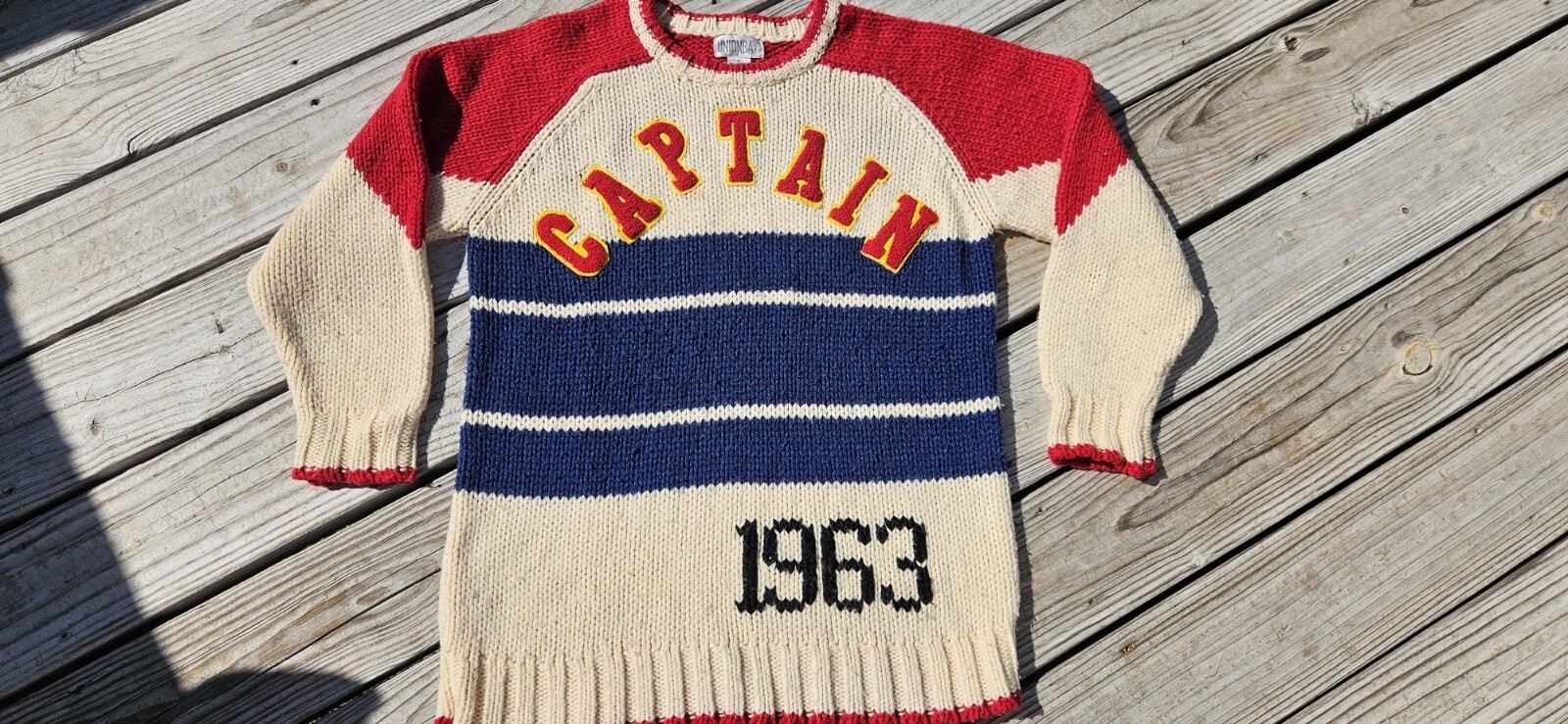 Vintage UNIONBAY Pullover Crew Neck Sweater Captain 1963 Red Blue Cream Size S