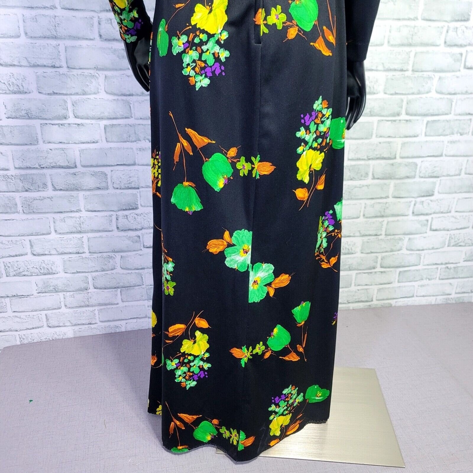 Vintage 70s Black Floral Maxi Dress S Cowl Neck Long Sleeve Mod Boho Glam