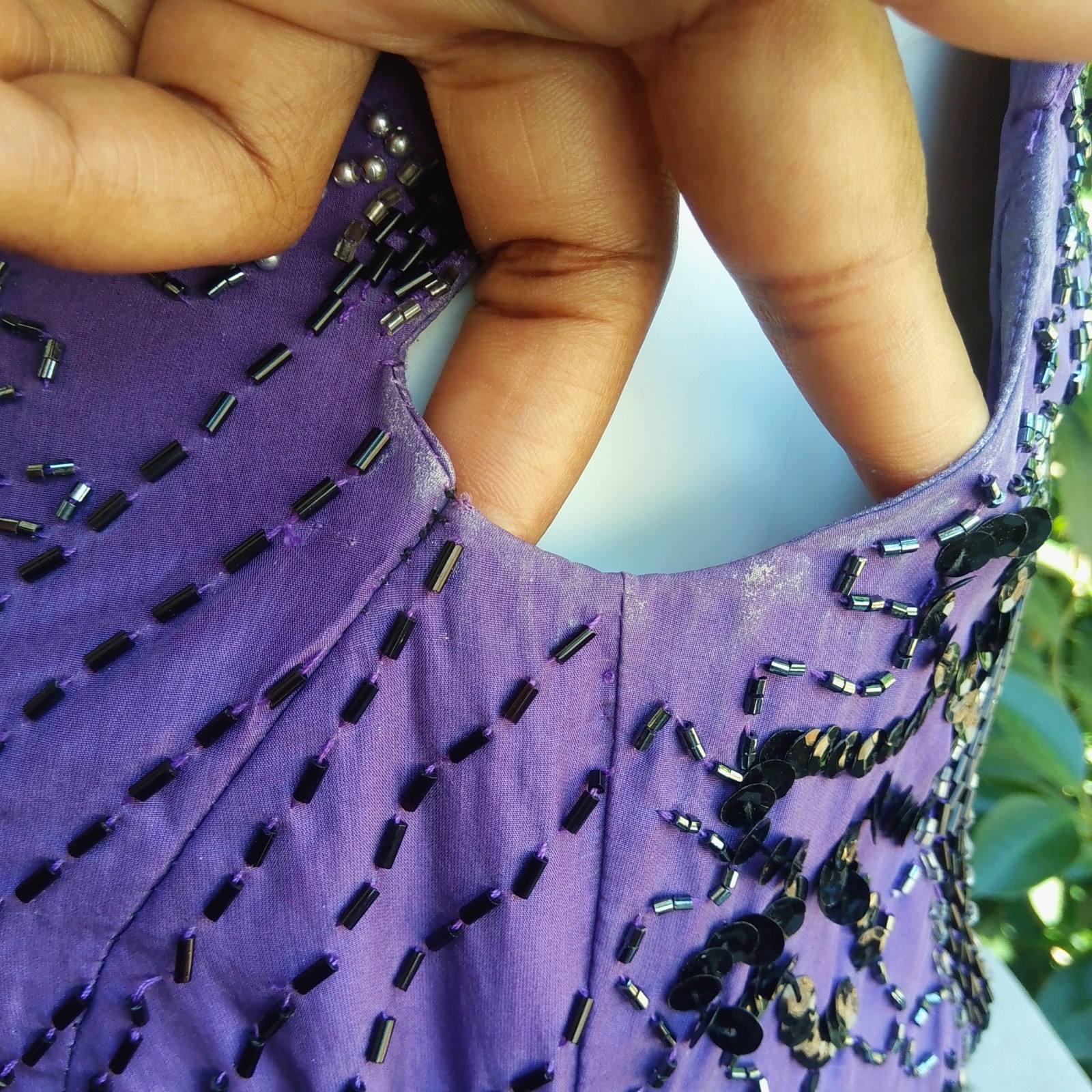 Vintage 80s Sequin Beaded Silk Purple Evening Dress Gown