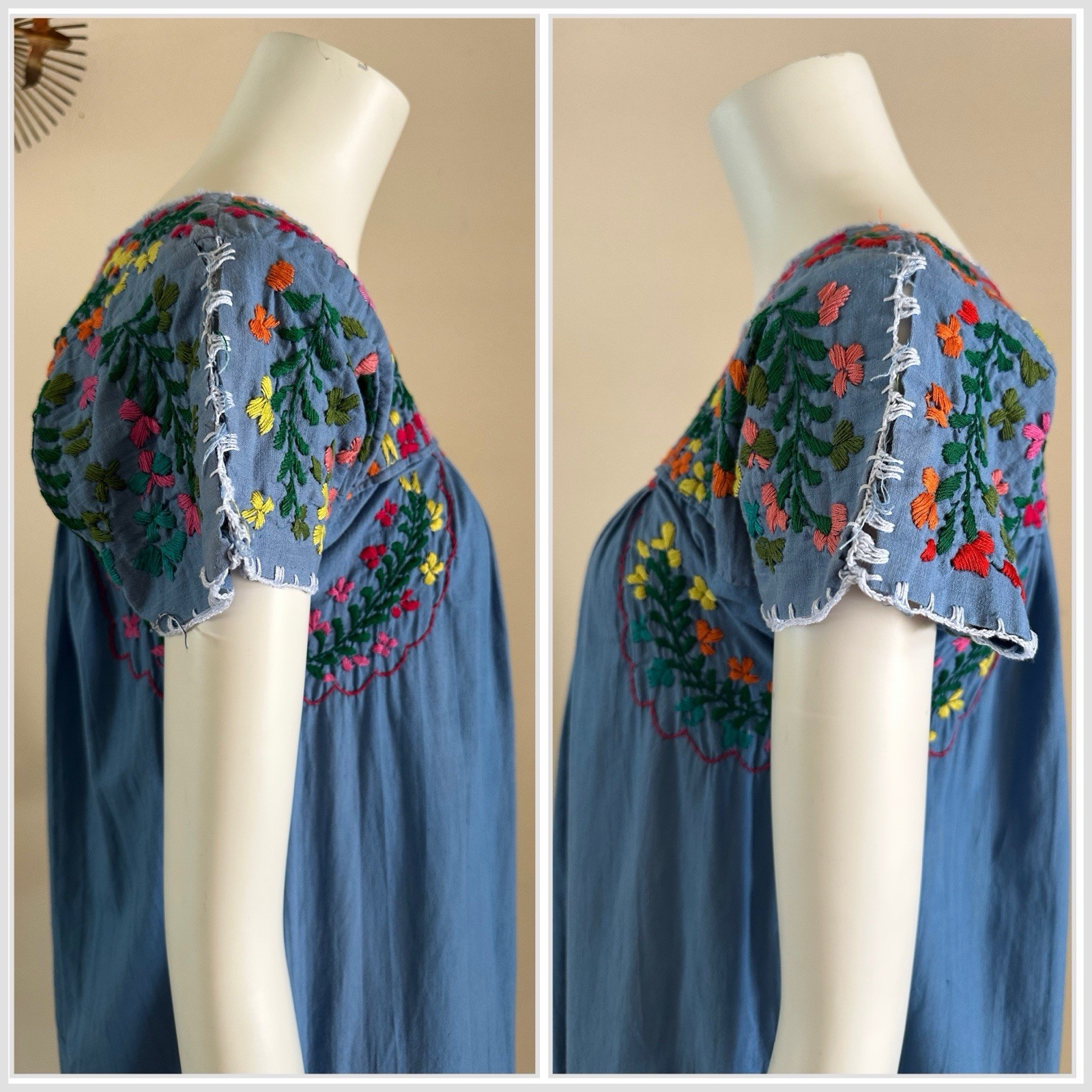 1970s Blue Cotton Oaxacan Mexican Huipil Dress Embroidered Floral Maxi Sz S VTG