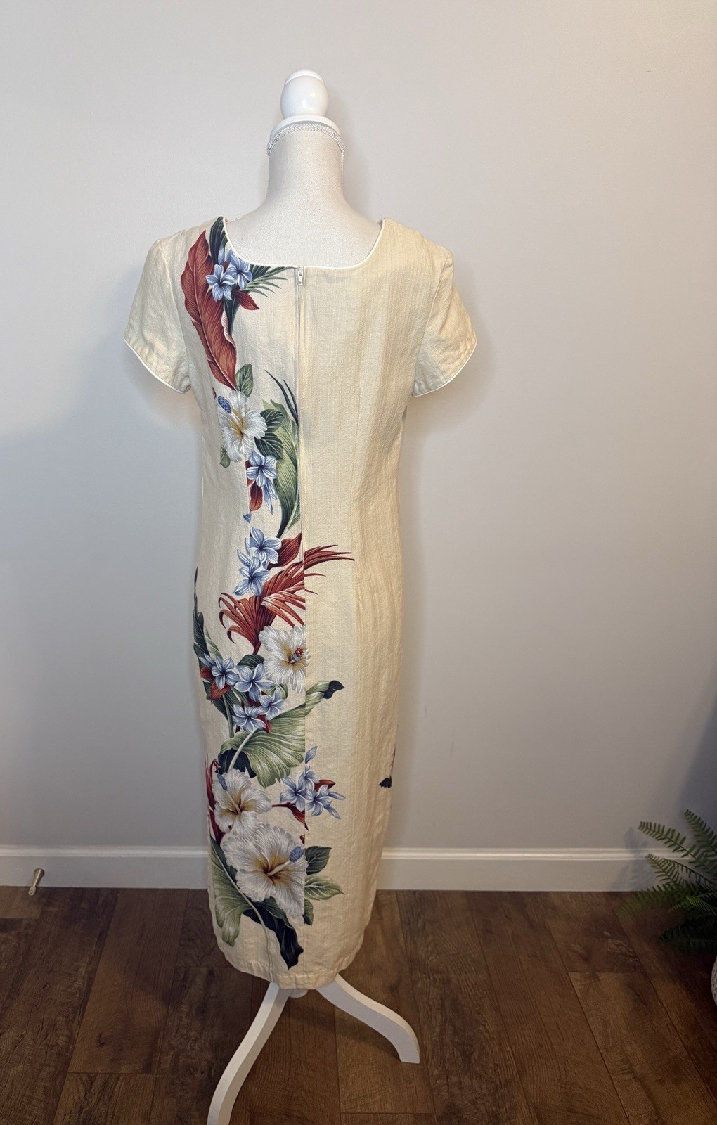 Vintage Young Hawaii Natural Linen Tropical Maxi Dress Sz M