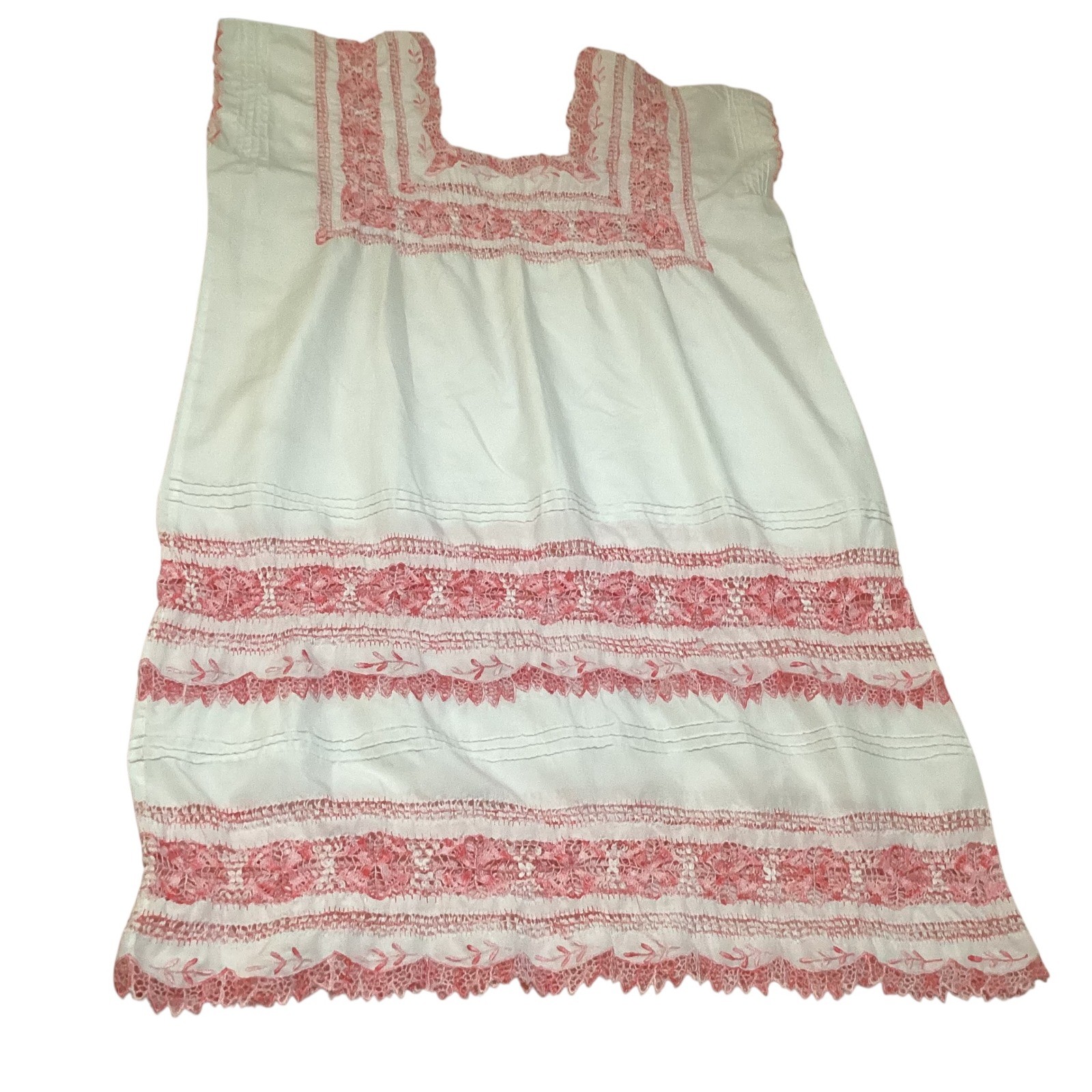 Vintage Mexican Huipil Dress White Pink Lace Floral Embroidery Square Neck 23×40