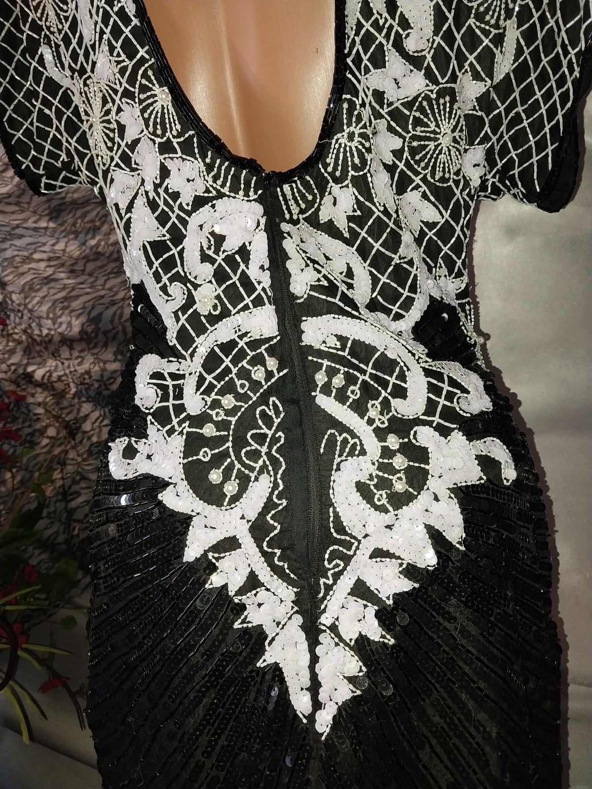 VTG GLAM DECO Sequins Beaded Mini Scalloped Dress Black White Silk Lined XS/P