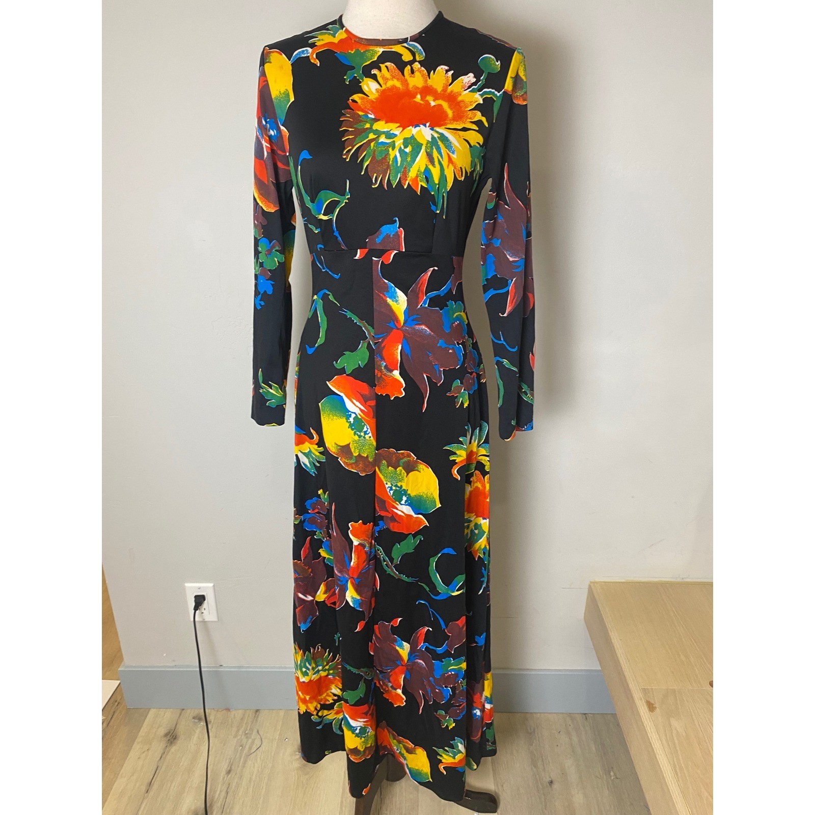 Vintage 60s 70s Floral Maxi Dress Long Sleeve Psychedelic Mod Black Multi Small