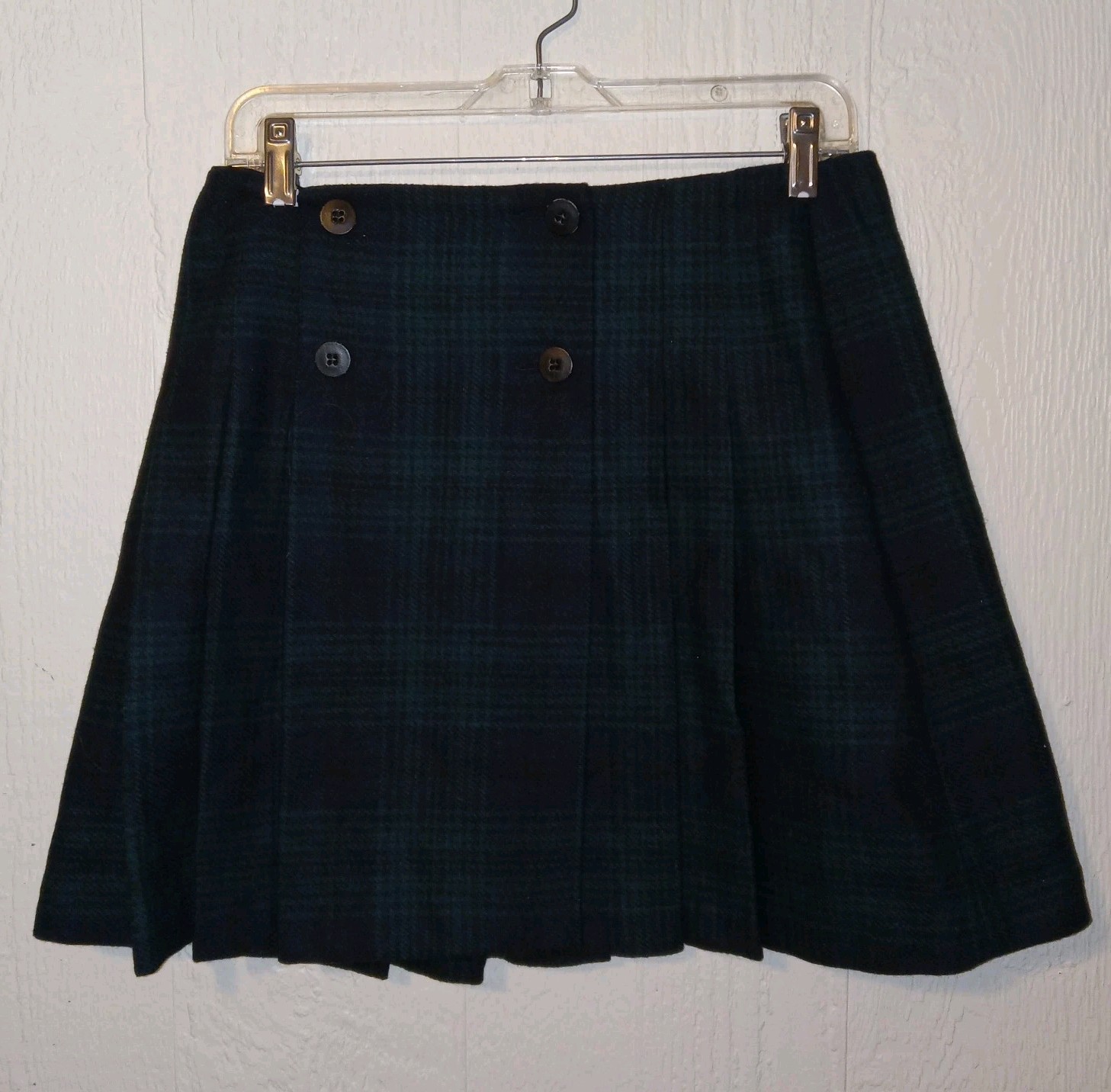 Vintage 90&rsquo;s Y2K 100% Wool Plaid Pleated Skirt Green Size 10 Made in Italy