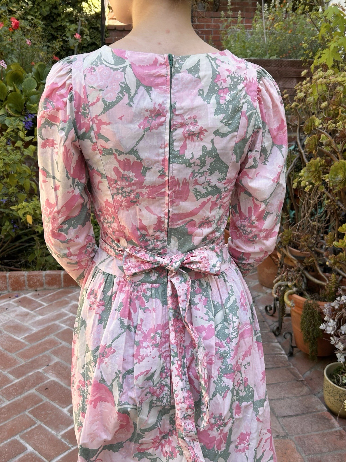 Vintage Laura Ashley Dress S (8) Floral Pink Puff Sleeve Made In UK Cotton Pink
