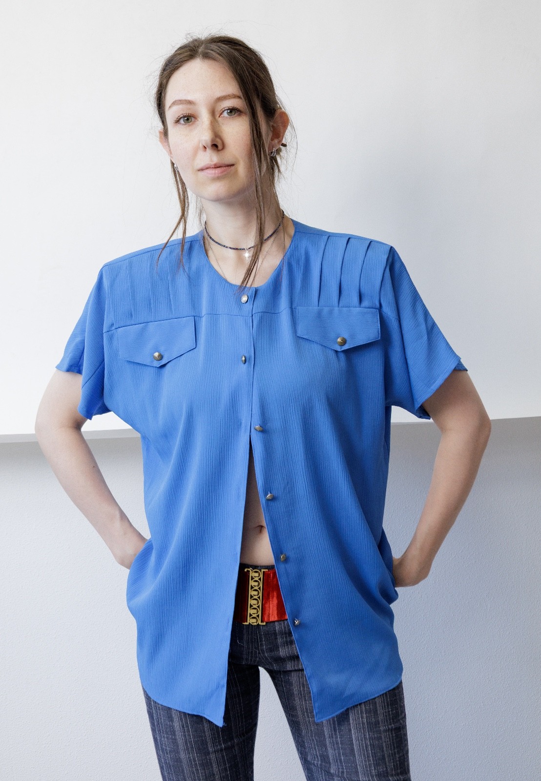 Vintage 80s Cornflower Blue Pintuck Short Sleeve Blouse Women&rsquo;s M Secretary