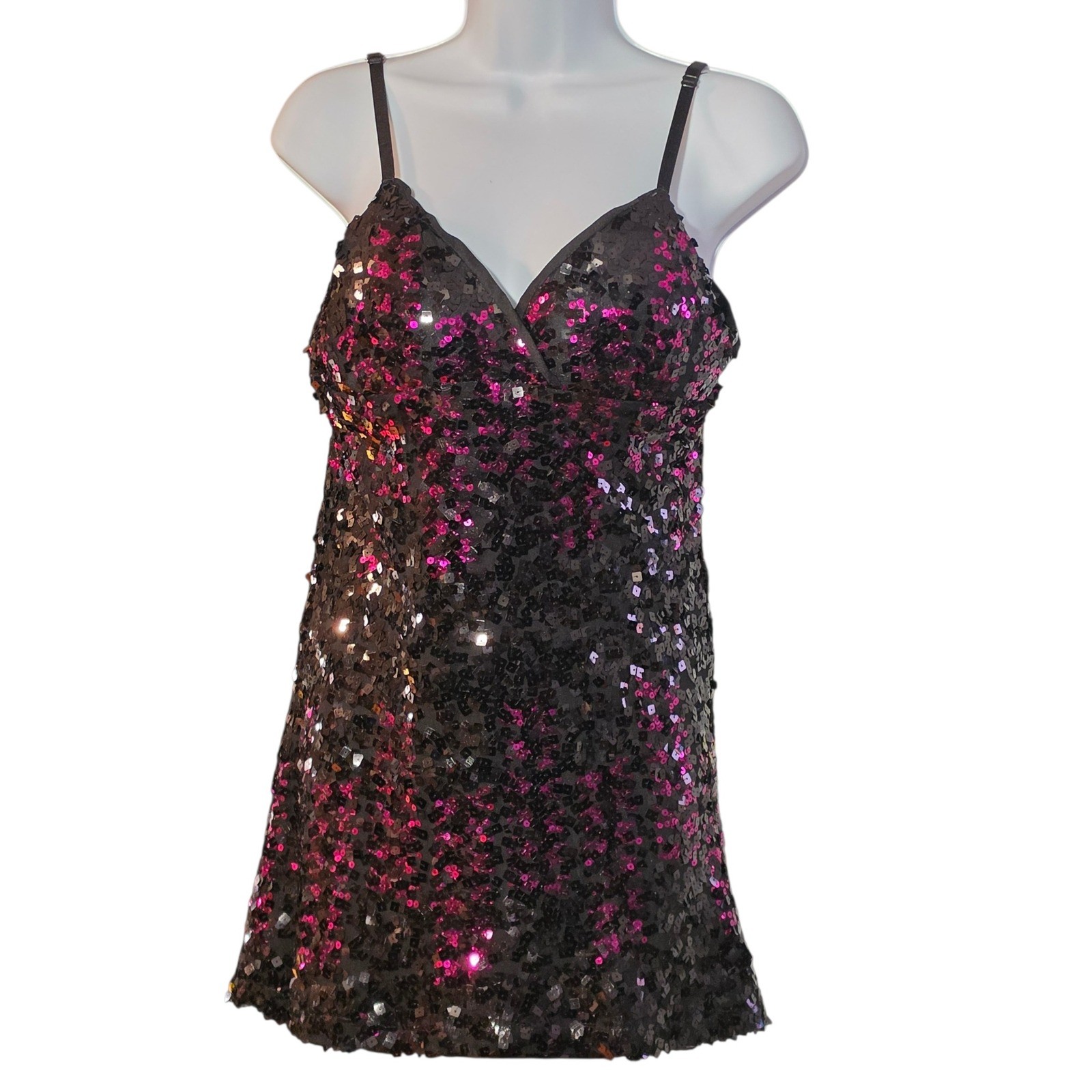 Y2K Wet Seal Womens Sequin Tank Top Black Pink V-Neck Adjustable Straps Size L