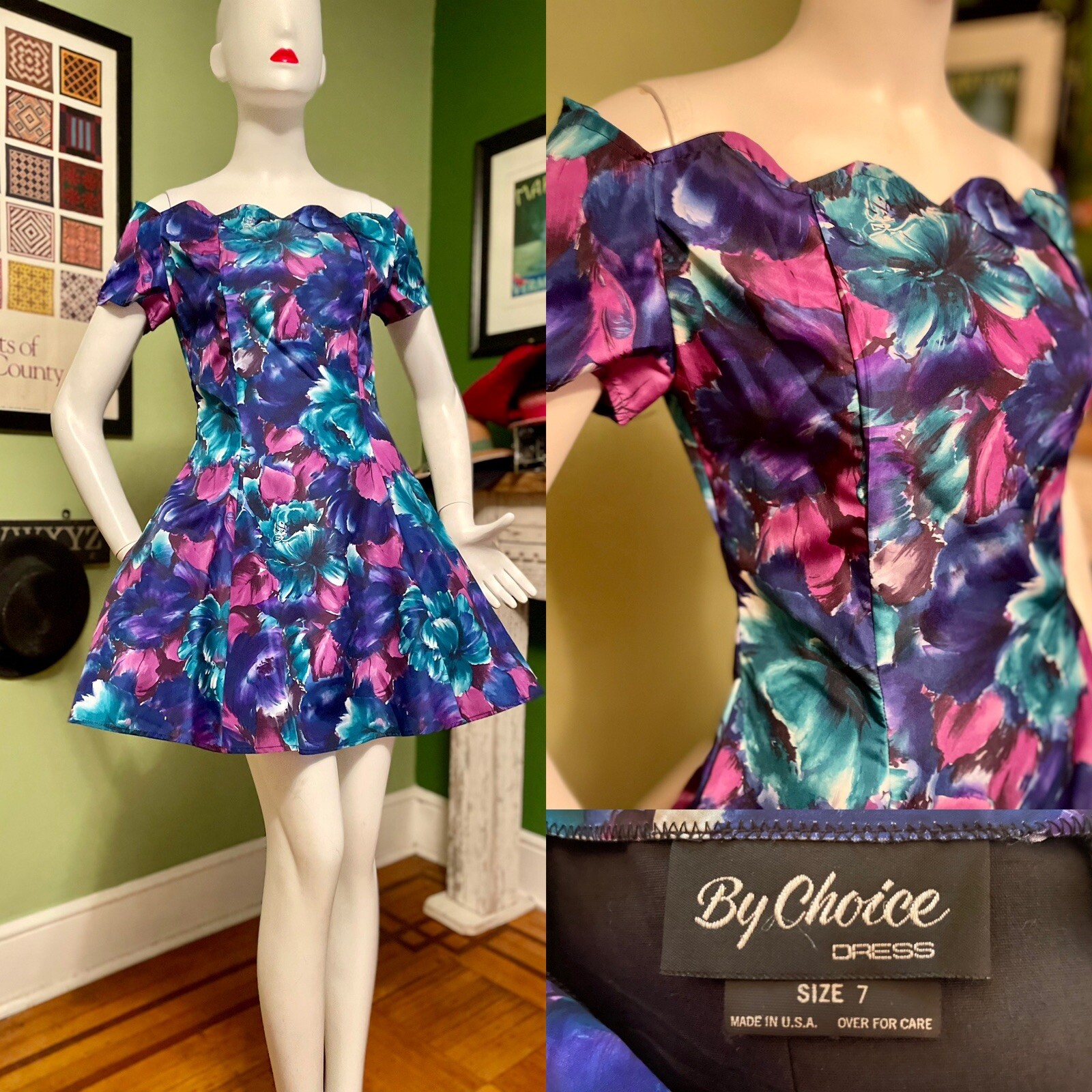 Vintage 90s BY CHOICE Tulle Fit & Flair floral Garden / Party Dress S/M 36/26