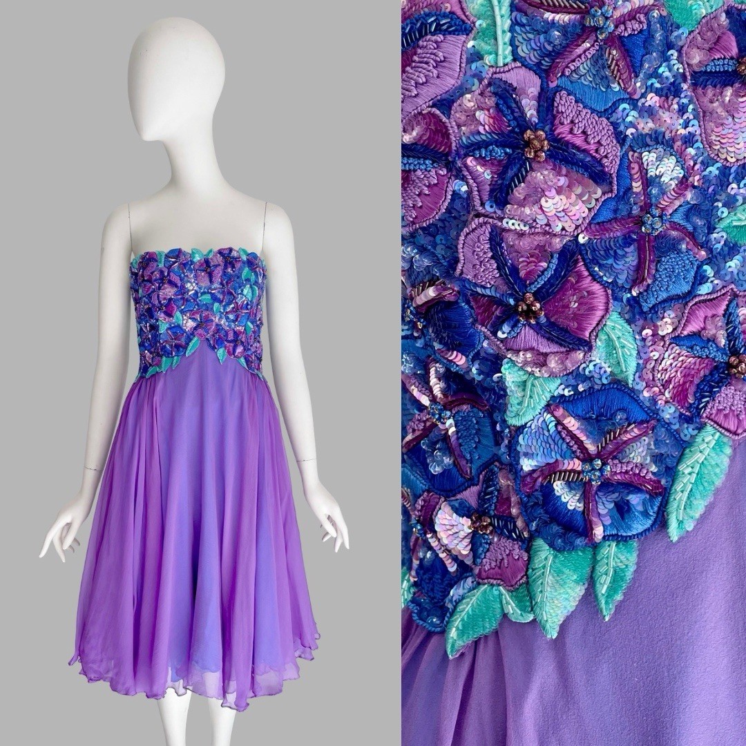 Vintage Bob Mackie 1980s Beaded Silk Chiffon Pastel Fairy Dress Purple Blue