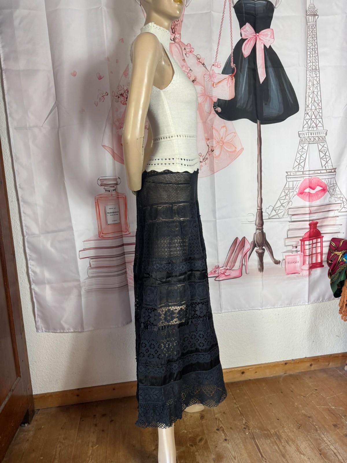 Antique Edwardian 1900 Cotton Gothic Lace Skirt Vintage 44/46