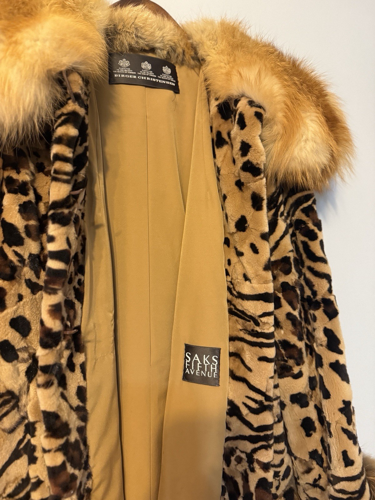 Birger Christensen Leopard Print Sheared Mink Fur Coat w/ Fox Collar & Cuffs M