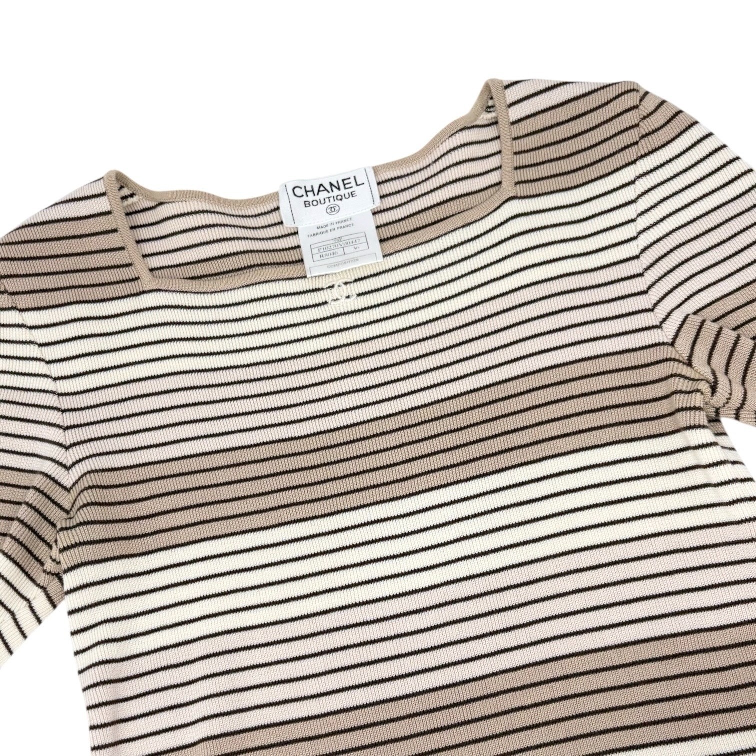 CHANEL Vintage 98P CC Mark Logo Stripe Knit T-shirt Top #36 Beige Brown Pullover