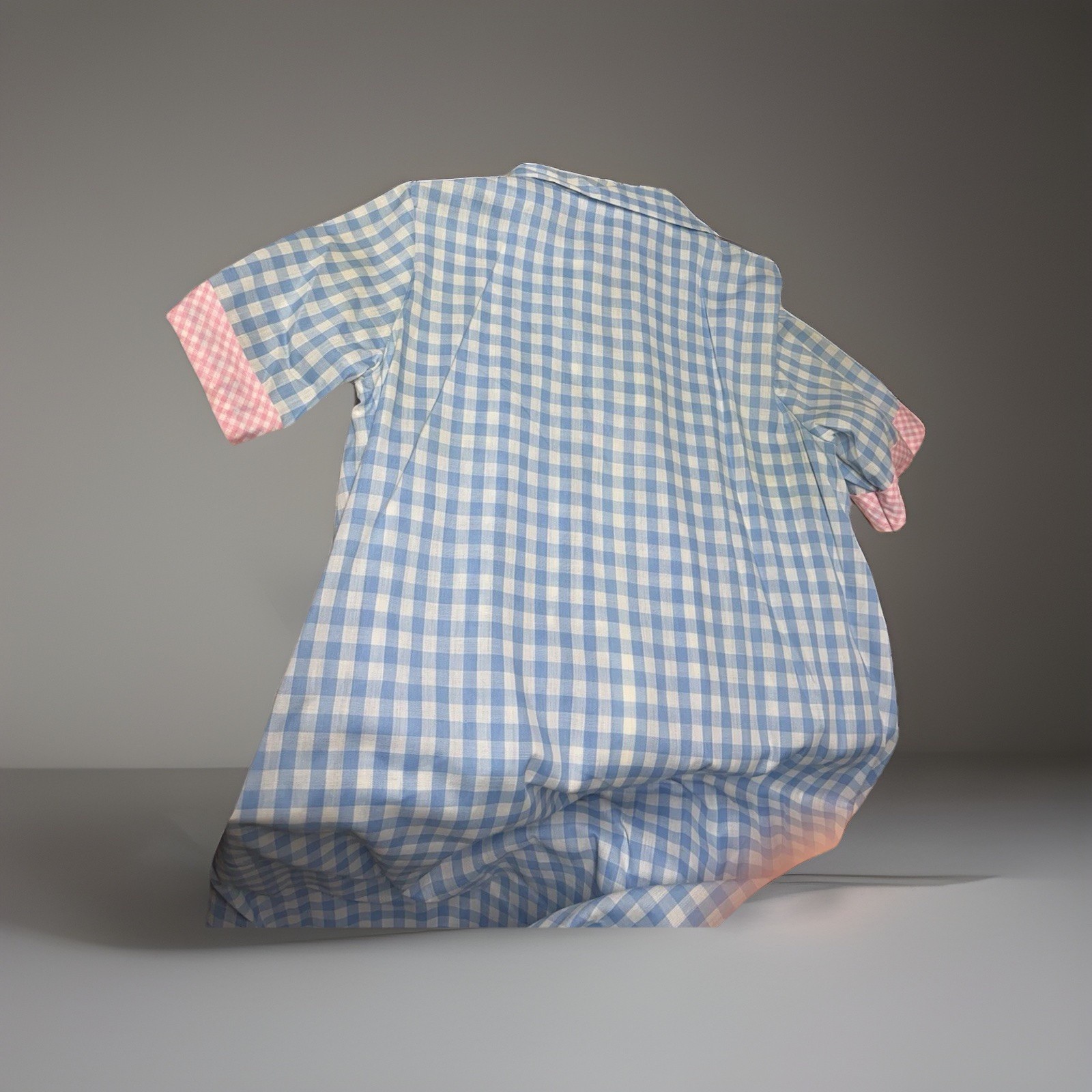 VTG 70s Gingham House Dress Duster Blue Pink Star Zipper Lace Trim Pockets Sz L