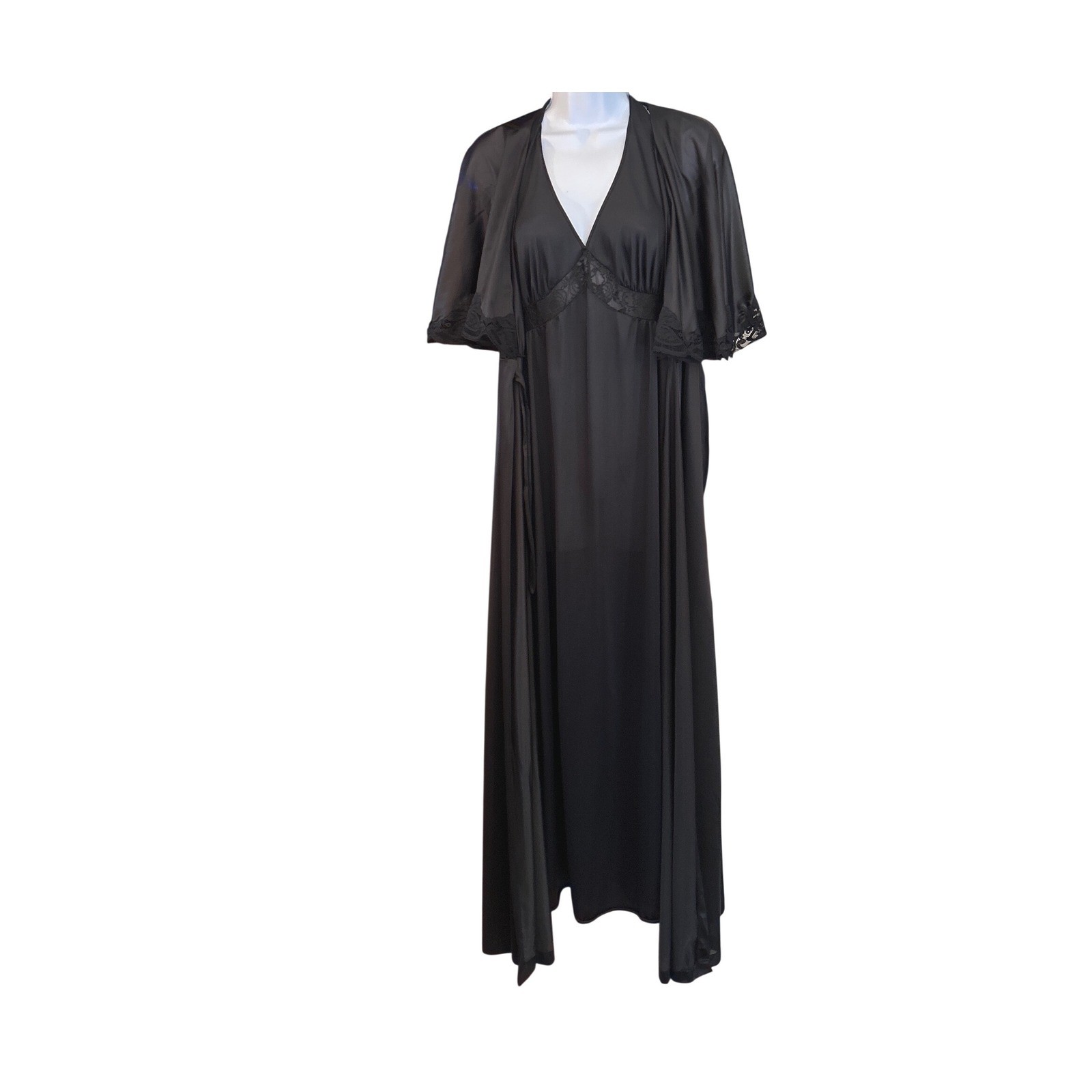 Vintage Kayser Black Peignoir Robe Lace Nylon Flutter Sleeve Retro Size 36