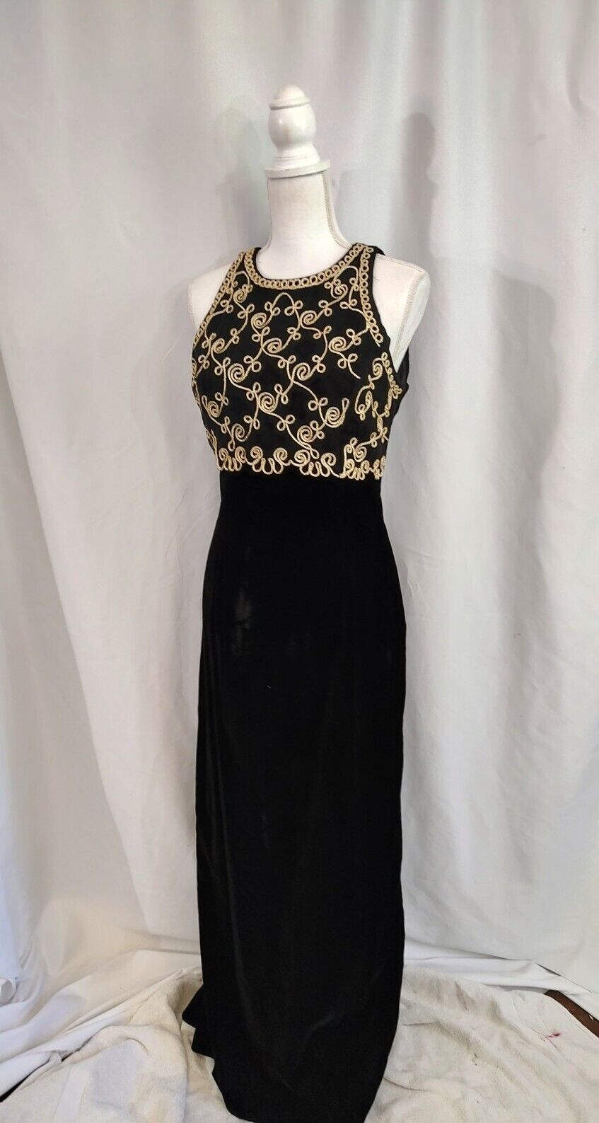Y2K 90&rsquo;s Vintage Black Velvet Dress McClintock Gold Trim Pencil Maxi Formal 10