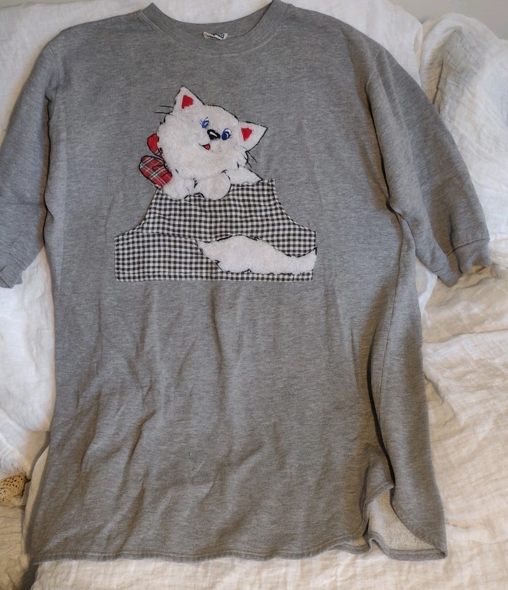 Vintage 80s Furry Cat Pajamas Nightgown Long Sweatshirt Pockets Sz XL