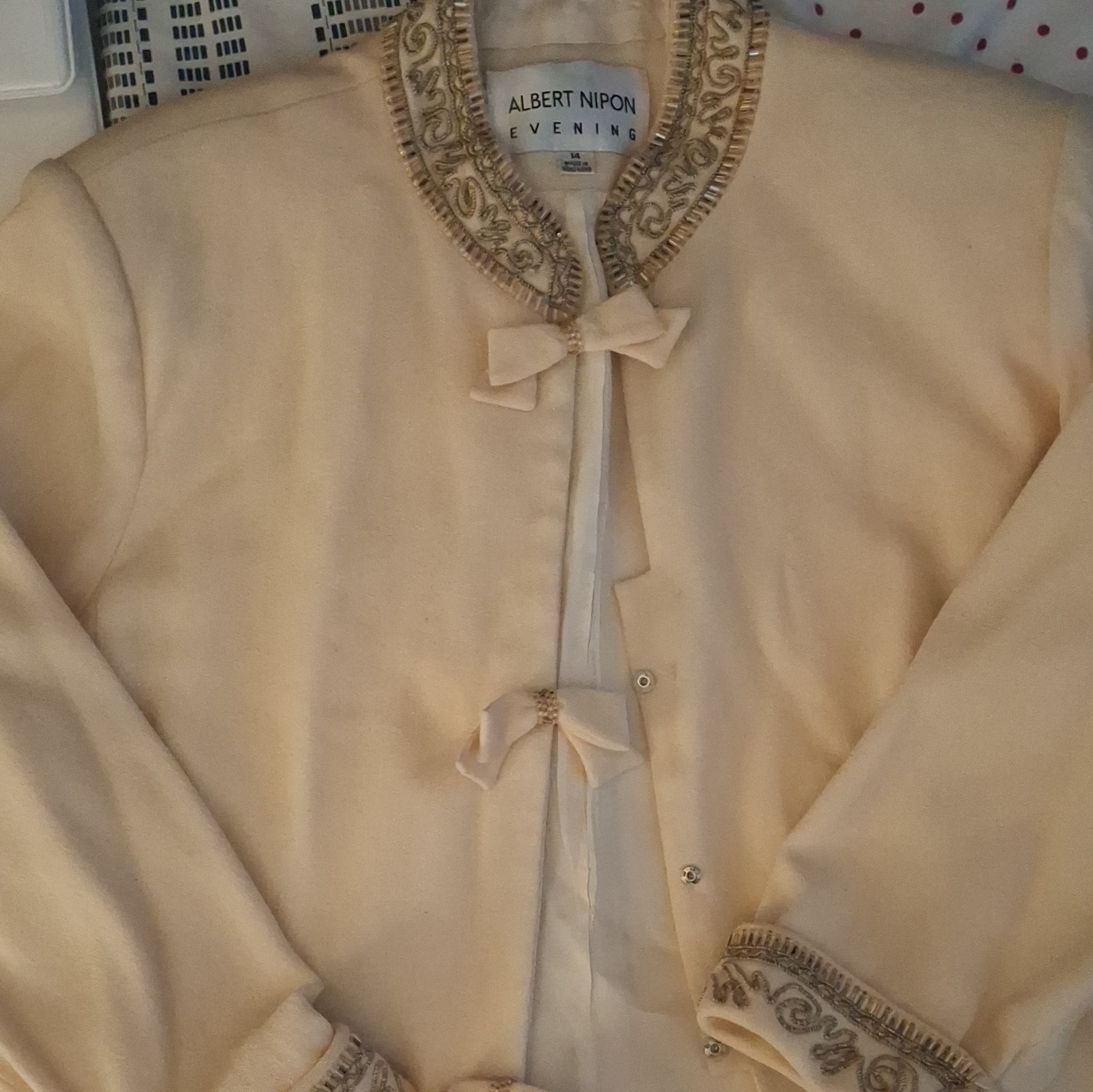 Albert Nipon Vintage Evening Wool Blazer Ivory Embellished Bow Size 14