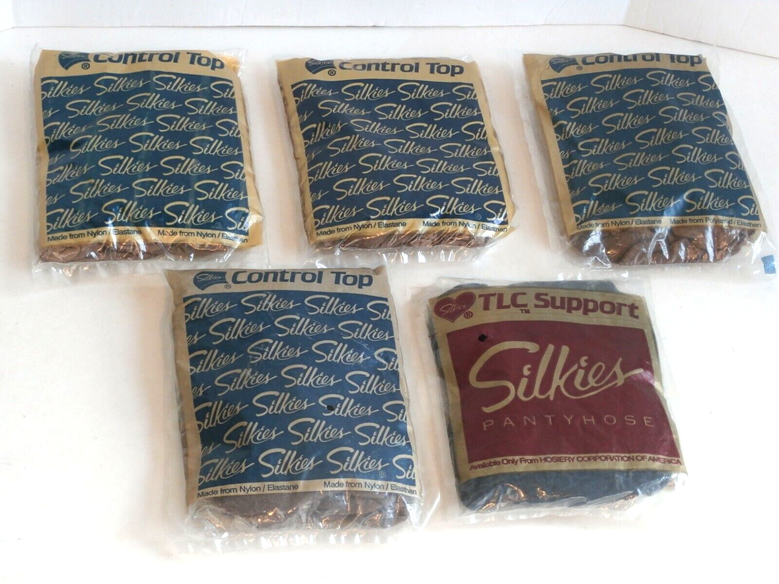 Vintage Lot of 5 « Silkies » Brand Panty Hose Taupe Navy Beige Various Sizes